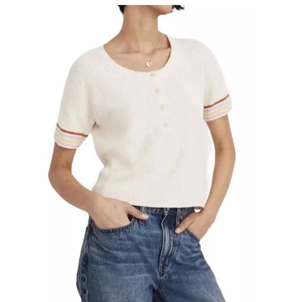 Madewell Henley Sweater Tee Womens Rainbow Stripe Cream XS Popcorn V Neck